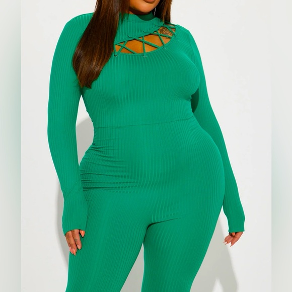 Ribbed Jumpsuit- Green - Picture 1 of 3